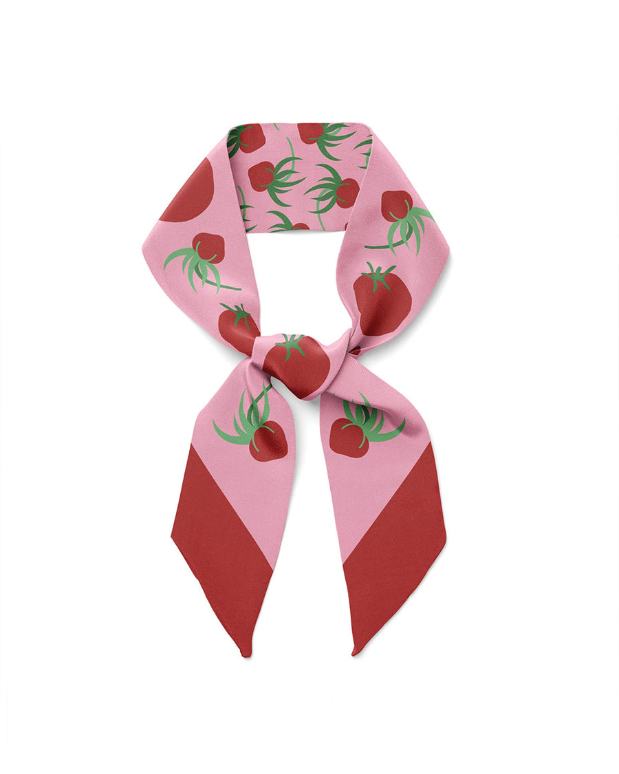 pink silk ribbon neck scarf with red tomato print