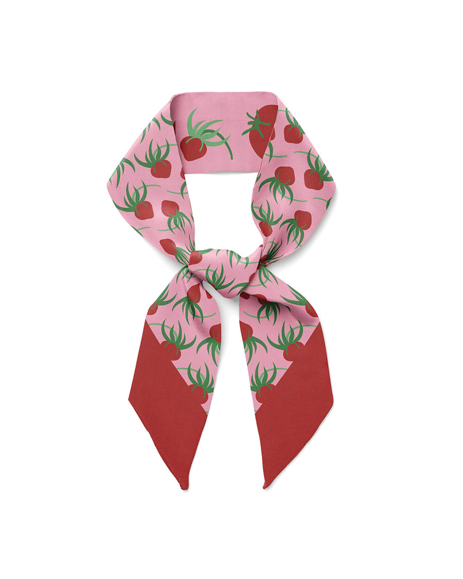 other side of pink silk ribbon neck scarf with red tomato print