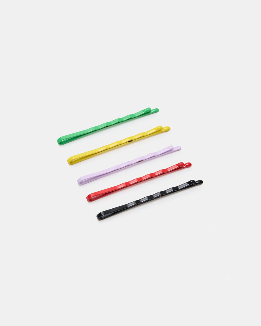 green, yellow, lilac, red and black bobby pins