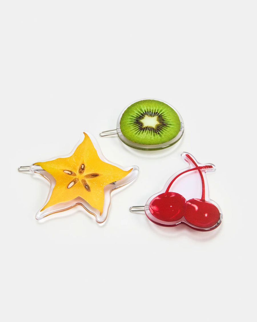 set of three realistic fruit print clips: yellow starfruit, kiwi, and cherries