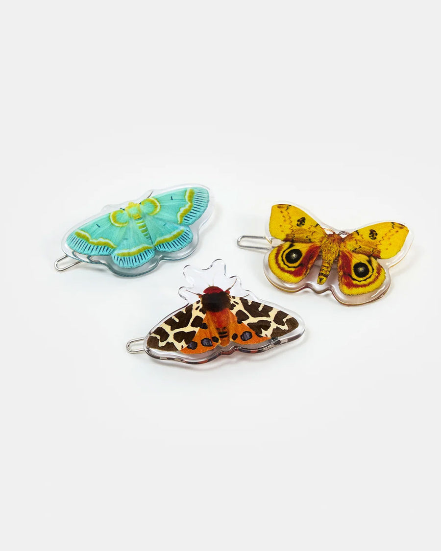 set of three realistic moth print hair clips