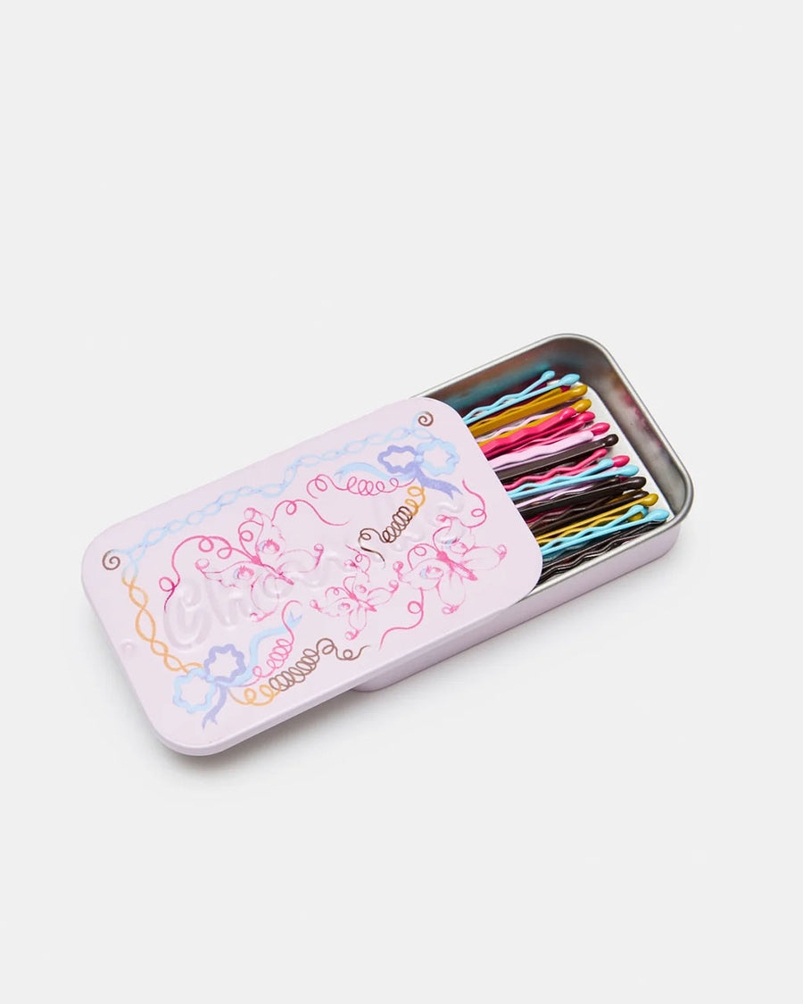 lilac butterfly printed tin of colorful bobby pins