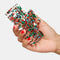 model holding clear large hair claw with blue, green and red confetti coloring