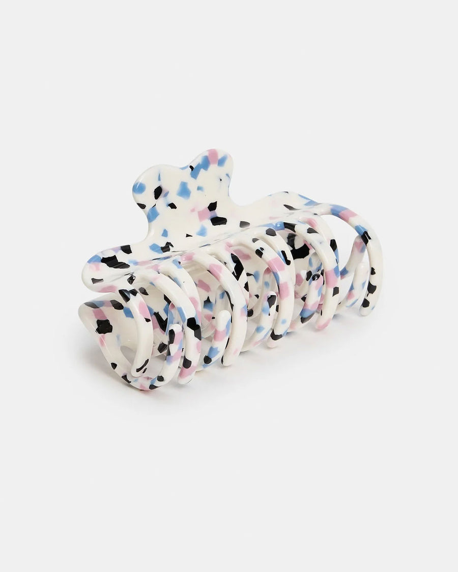 white small hair claw with blue, pink and black terrazzo print