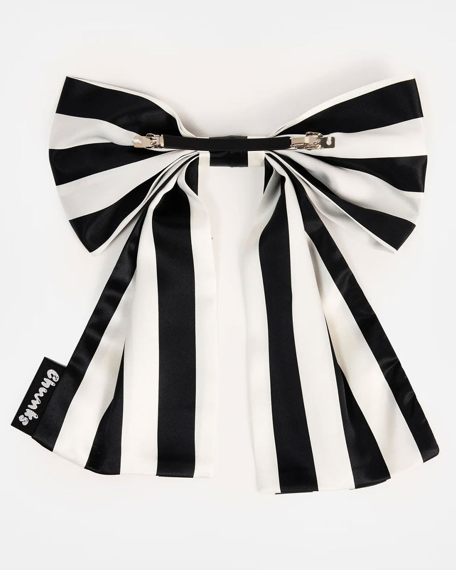 back view of black and white stripes oversized hair bow clip