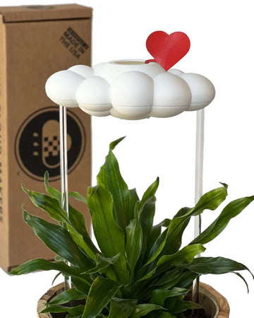 white cloud shaped houseplant waterer with red heart charm in a potted plant