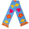 blue rectangle scarf with colorful tassels on the end and yellow diamond, orange flower and pink heart design