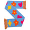 blue rectangle scarf with colorful tassels on the end and yellow diamond, orange flower and pink heart design in a 'z' fold