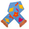 blue rectangle scarf with colorful tassels on the end and yellow diamond, orange flower and pink heart design folded in half