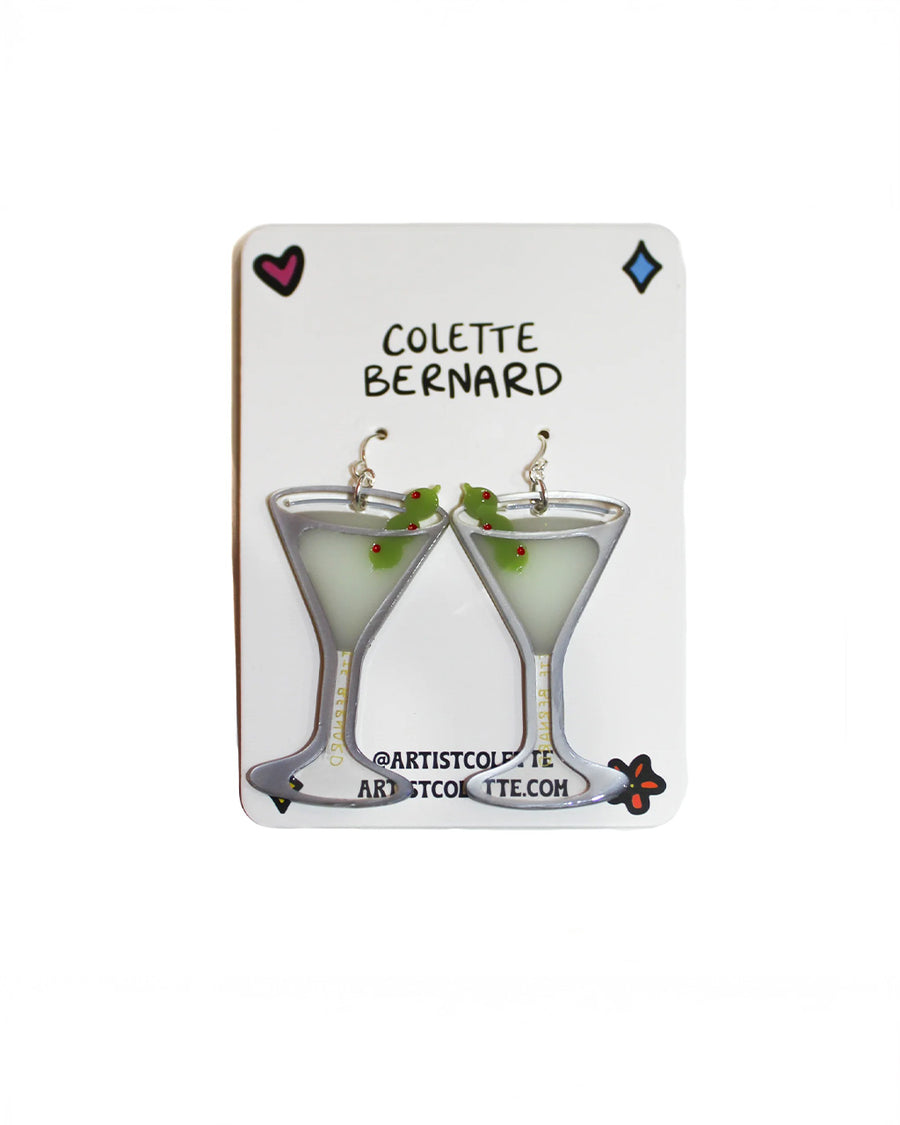 martini glass dangle earrings on cardstock