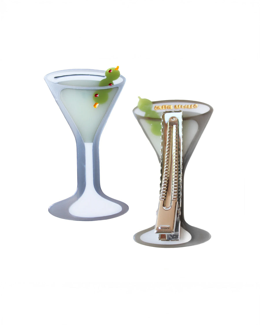 front and back view of martini glass hair clip with olives inside