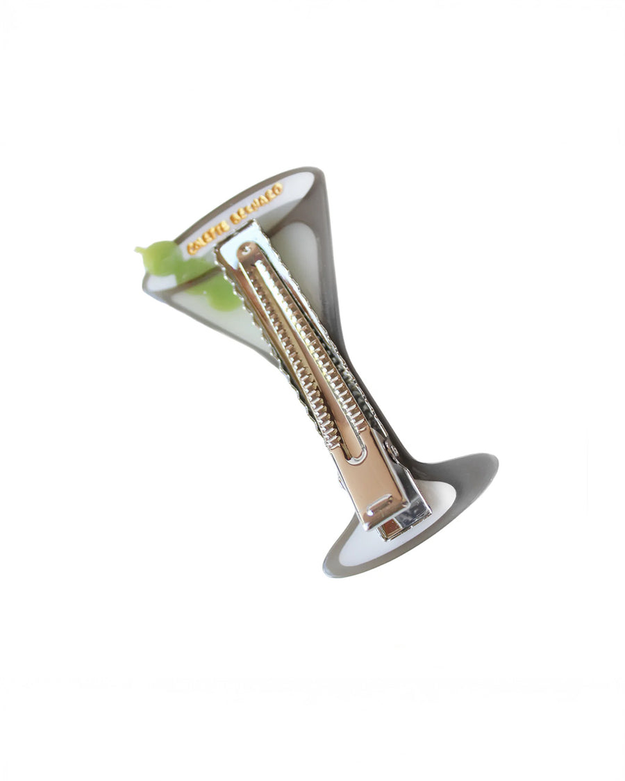back view of martini glass hair clip with olives inside