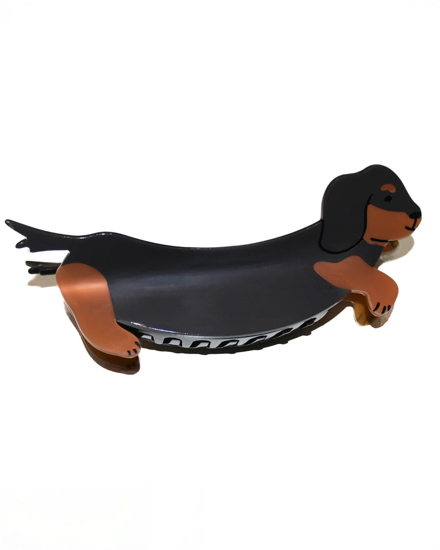 birdie wood collab black and brown weenie dog hair claw