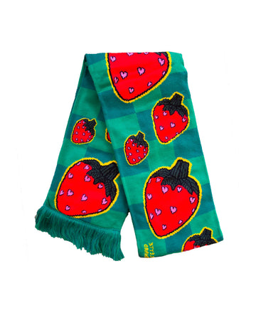 green plaid scarf with all over strawberry print