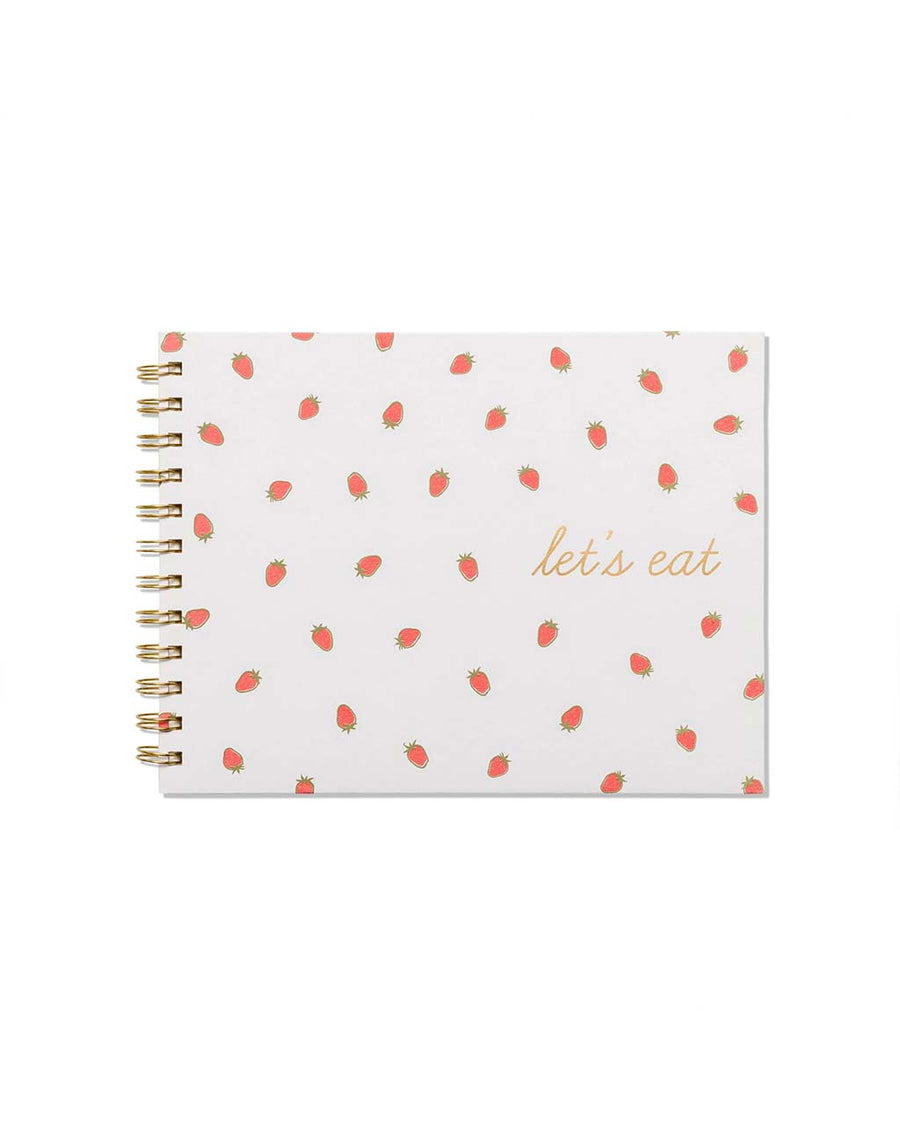 white meal planner with dainty strawberry print and gold foil 'let's eat'