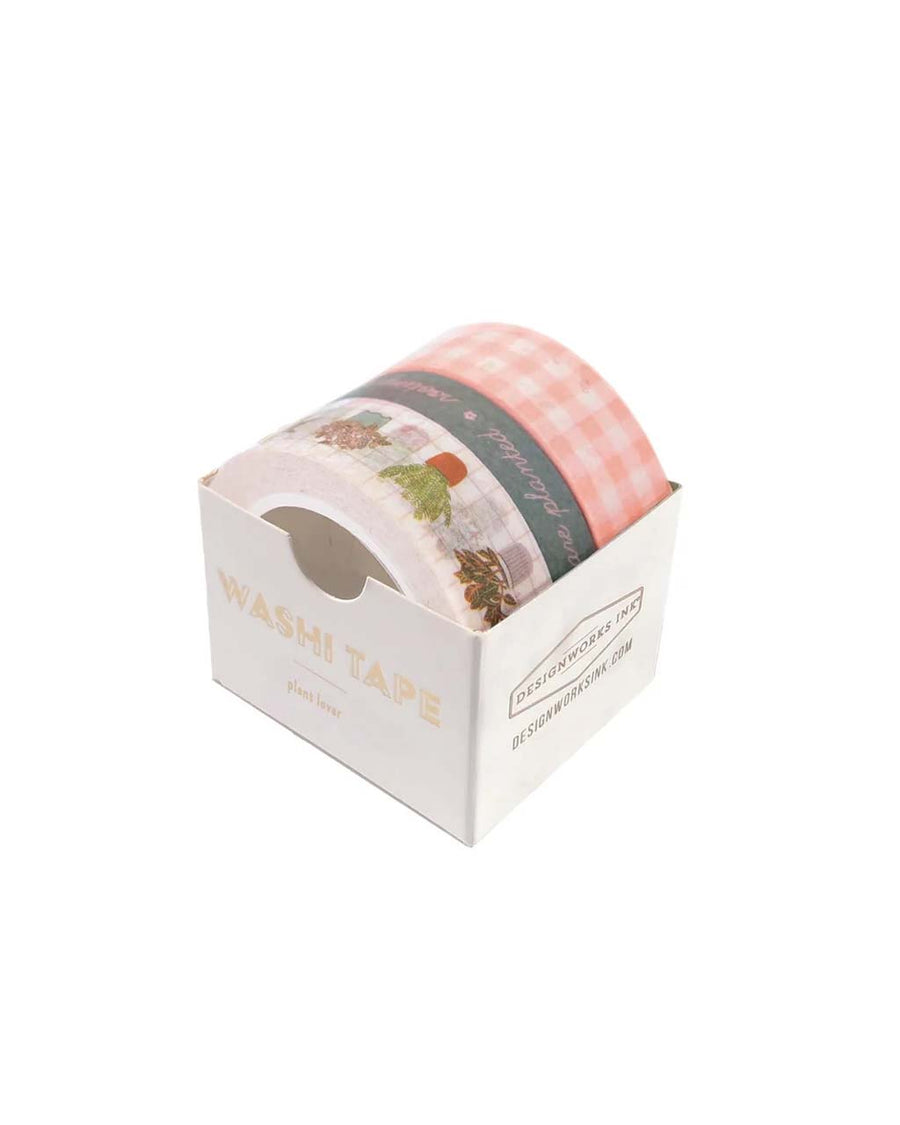 set of three rolls of washi tape features a roll of pink gingham, &nbsp;playful descriptors, and potted plant design.