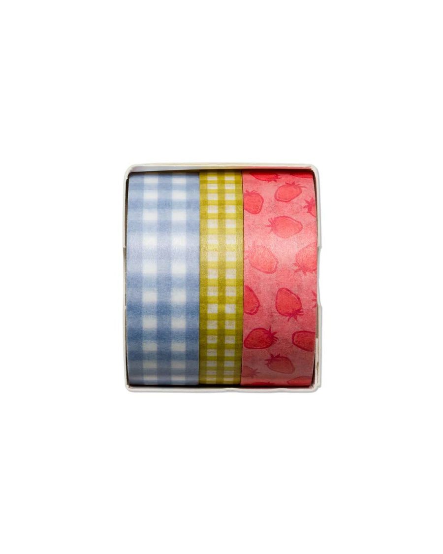 Set of 3 washi tape features a roll of blue gingham, yellow gingham, and strawberry print design.