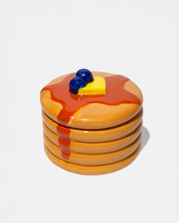 ceramic stack of pancakes trinket box with syrup, butter and blueberries on the top