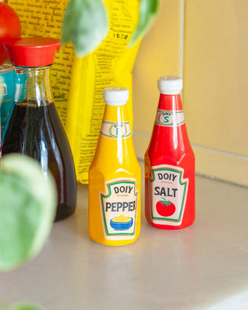 yellow mustard and red ketchup shaped salt and pepper shakers