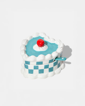 blue and white checkered heart shaped cake sugar bowl with matching spoon
