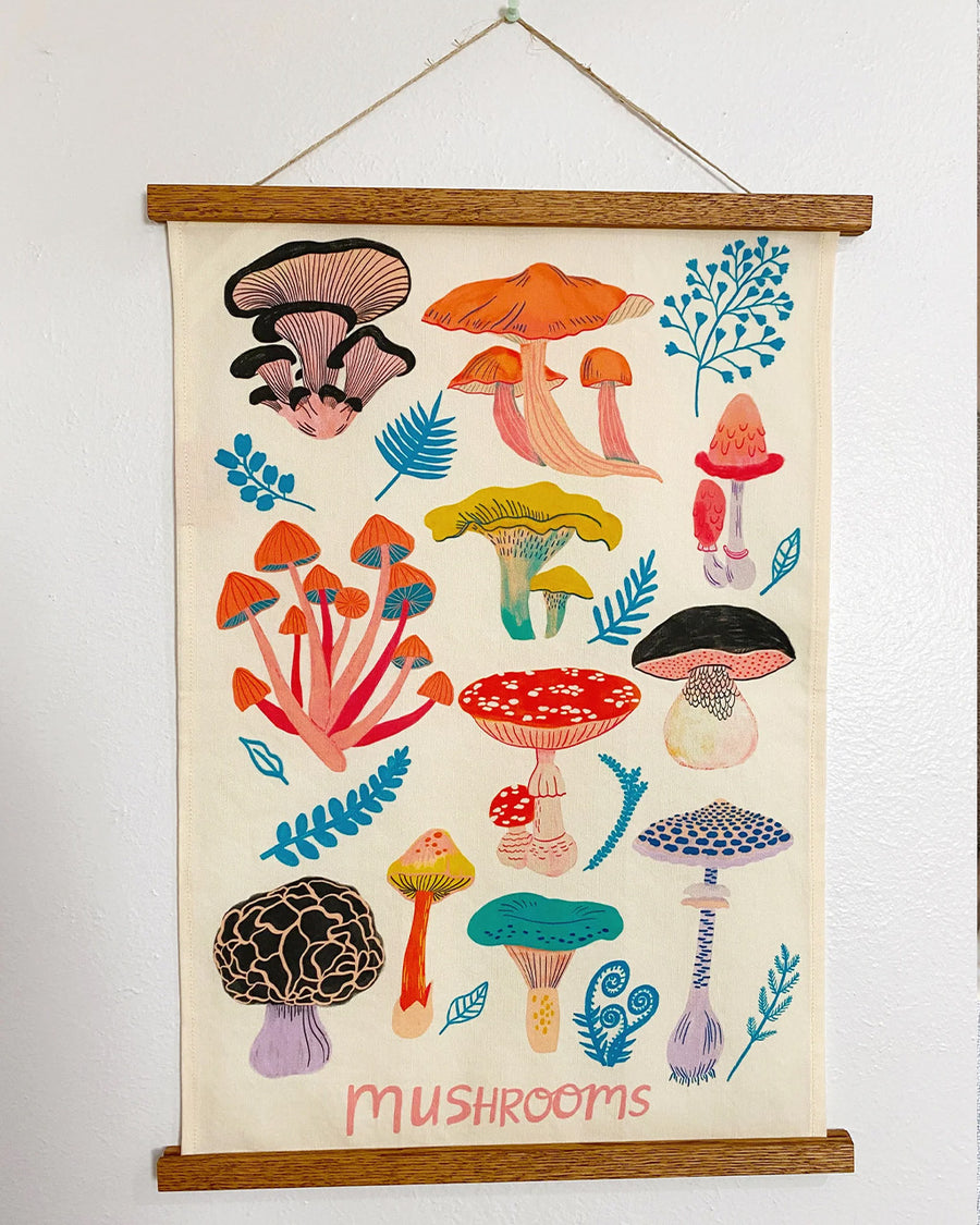 hanging cream tea towel with colorful mushroom print