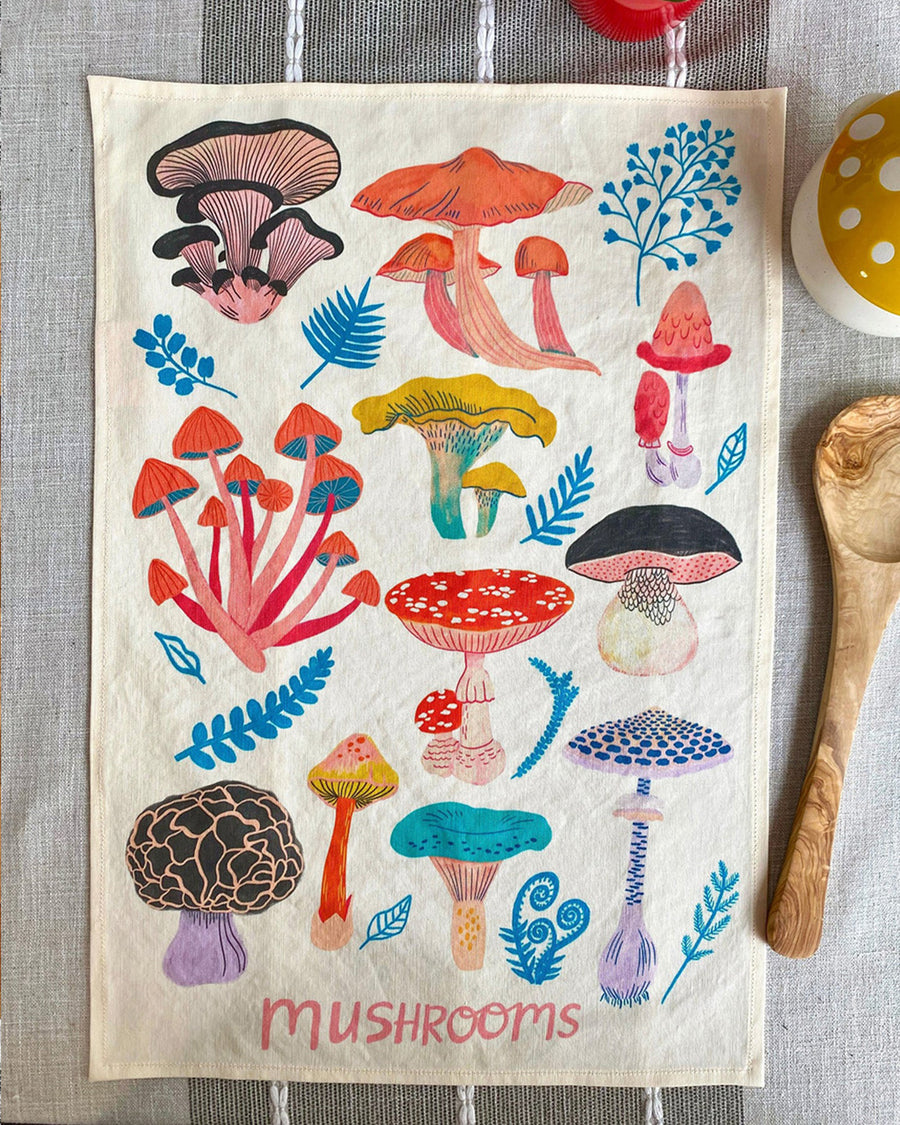 cream tea towel with colorful mushroom print