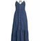 denim midi dress with button front, spaghetti straps and o-ring back detail