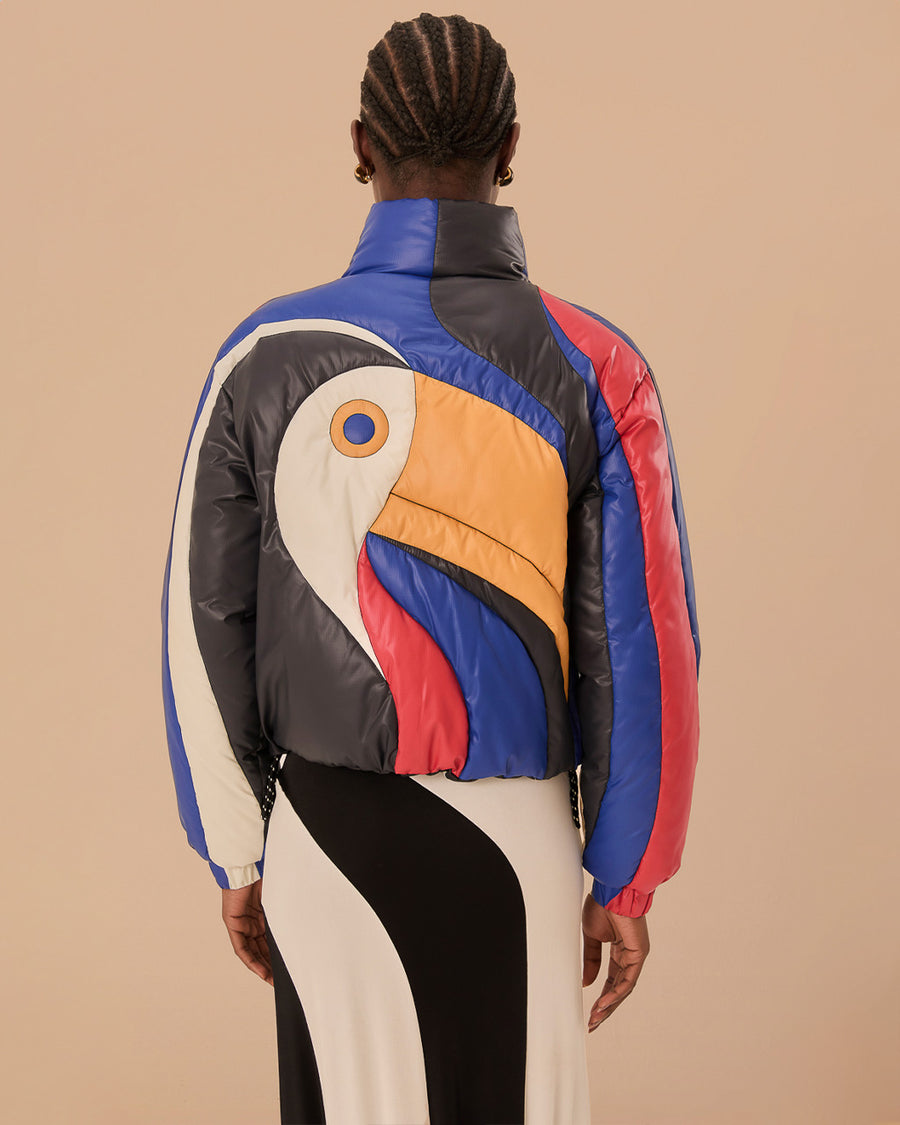 back view of colorful toucan of puffer jacket