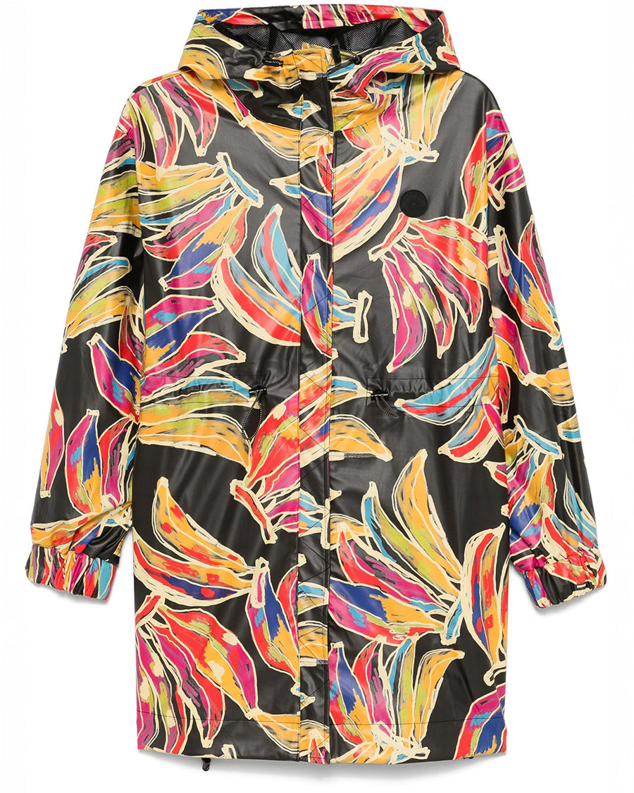 black short raincoat with colorful abstract bananas print and hood