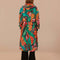 back view of model wearing teal long raincoat with colorful palm print, cargo pocket, and hood