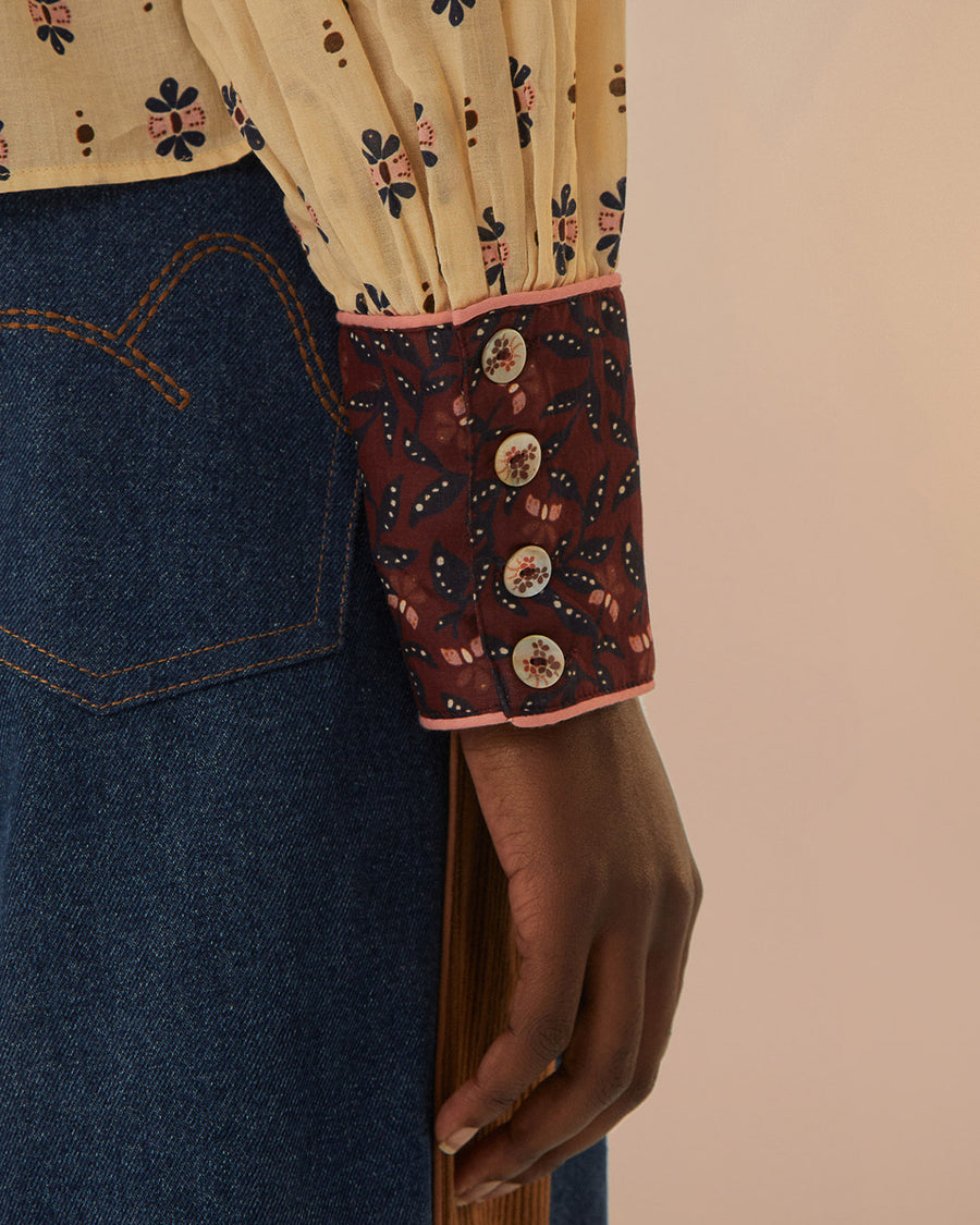 up close of button and floral print cuffs