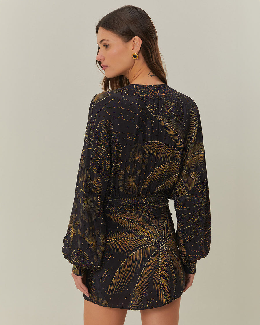 back view of model wearing black mini dress with tie waist, long sleeves and golden foliage print