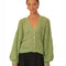 model wearing light green textured open knit cardigan