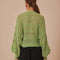 backview of model wearing light green textured open knit cardigan