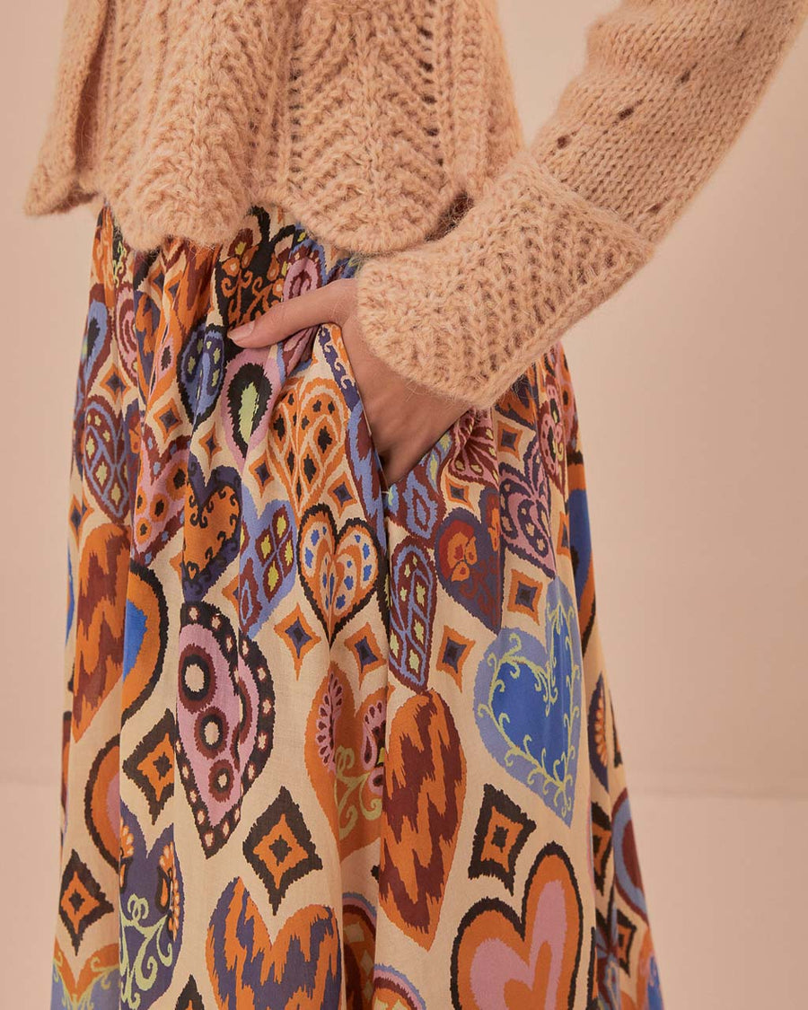 up close of side pockets of ikat heart skirt