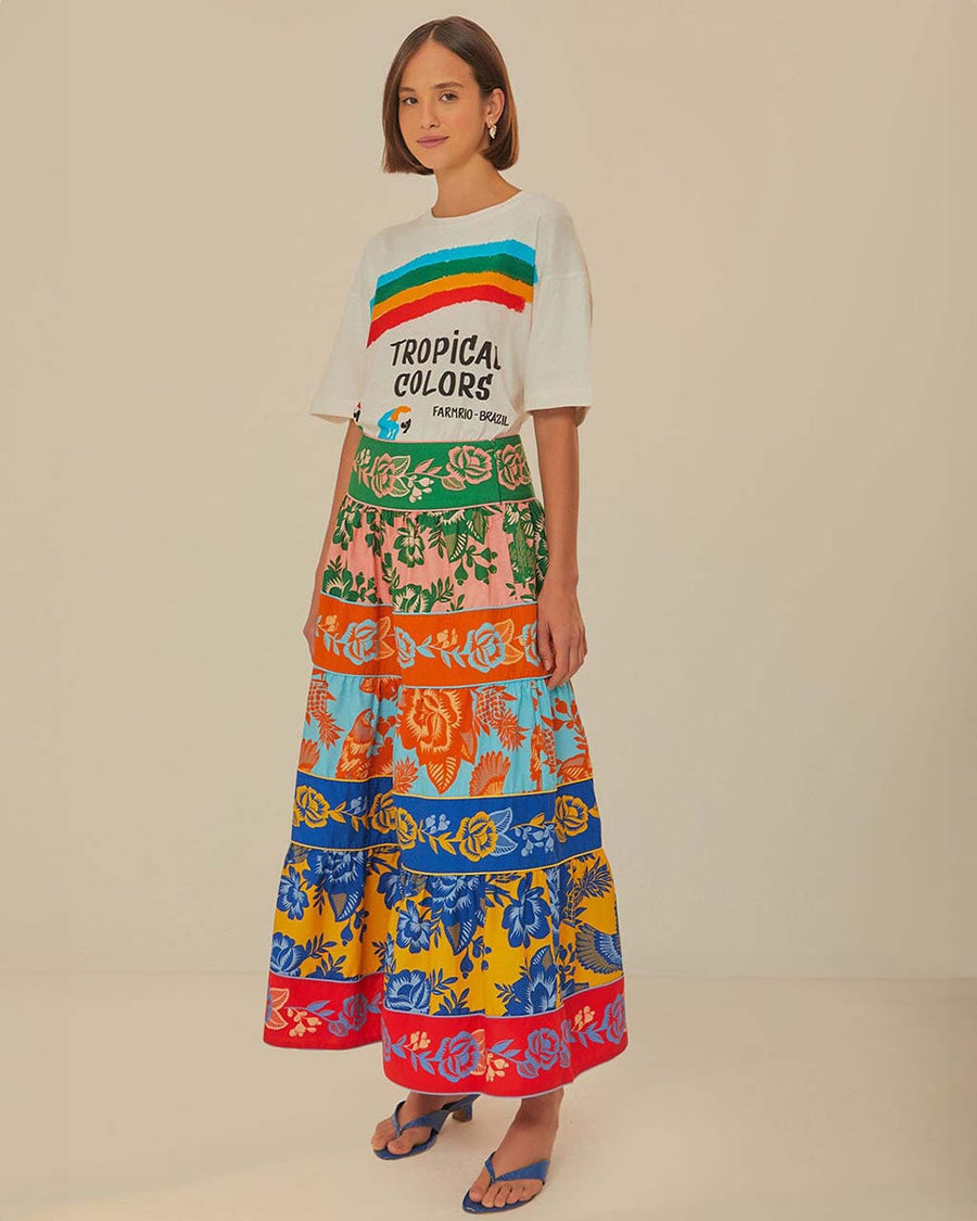 model wearing colorful floral stripe midi skirt with side zipper