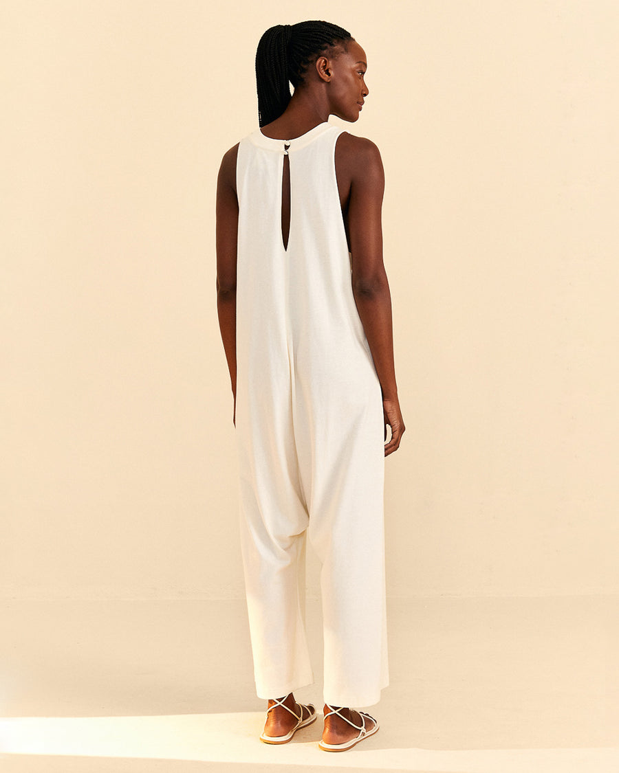 back button keyhole on cream jumpsuit