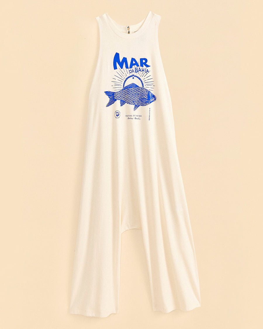 cream cotton jumpsuit with blue 'mar da bahia' and fish graphic on front