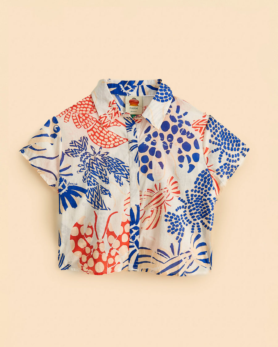 off white short sleeve button down top with blue and red abstract lobster print