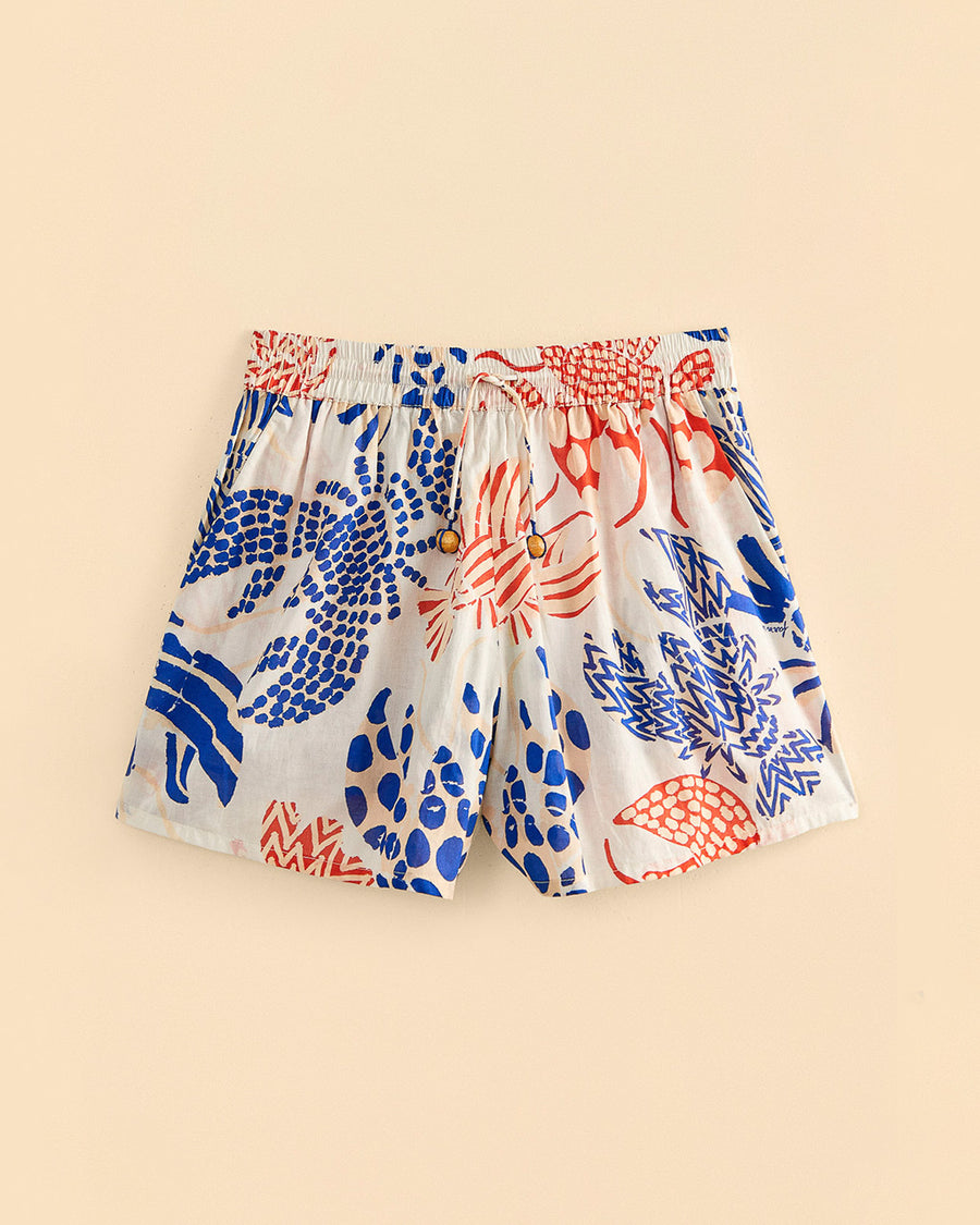 off white cotton shorts with red and blue abstract lobster print paired with matching top