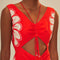 up close of model wearing red midi dress with white flowers on the sides and beaded cinched tie bodice