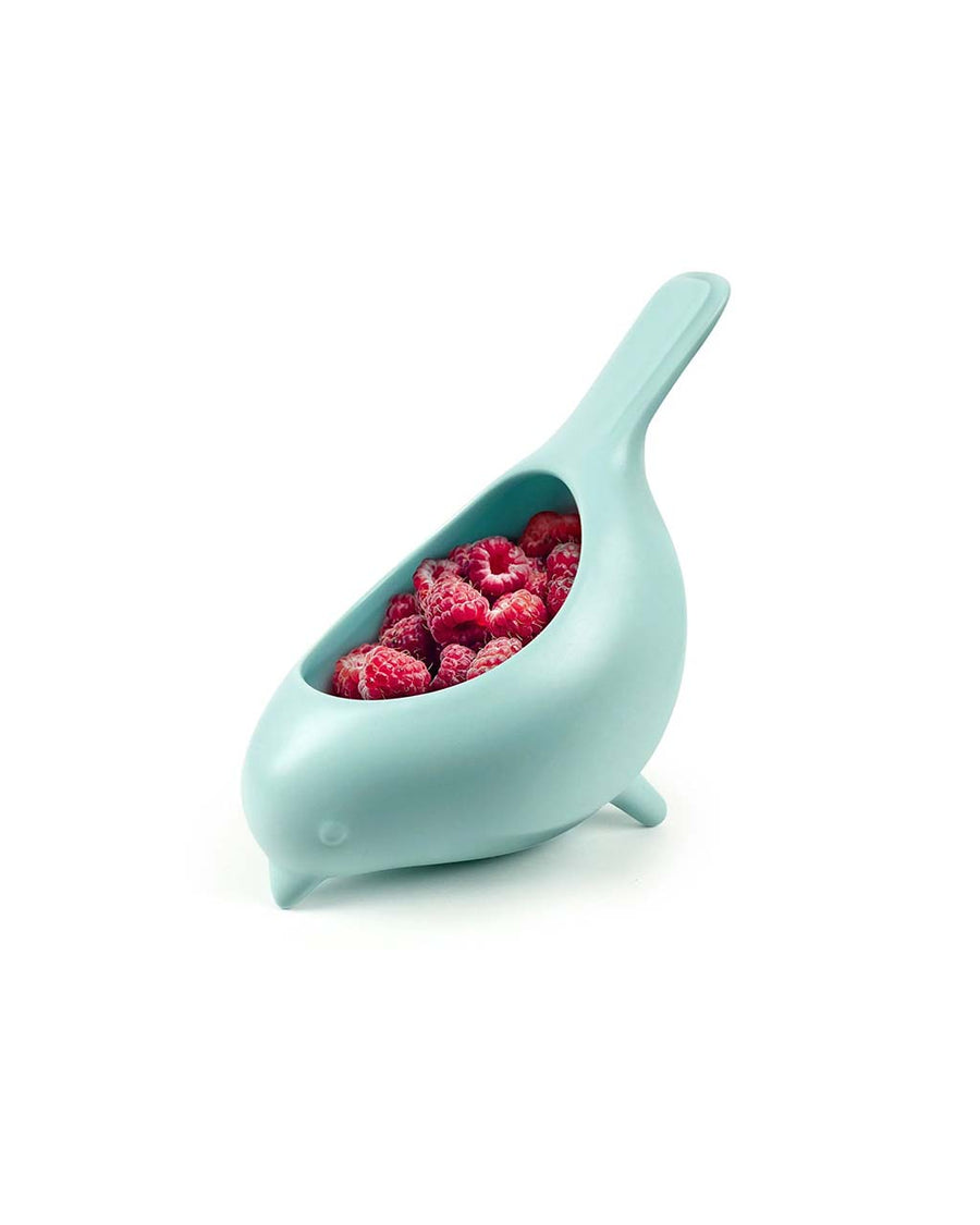 robin egg blue ceramic bird berry colander with raspberries inside