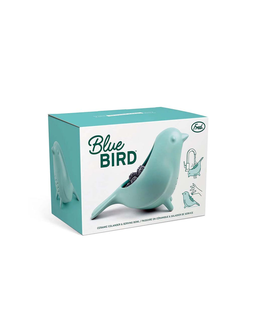 packaged robin egg blue ceramic bird berry colander