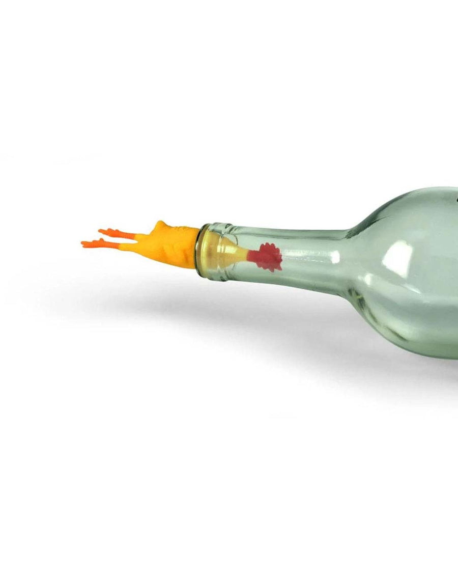 rubber chicken wine bottle stopper in a bottle of wine