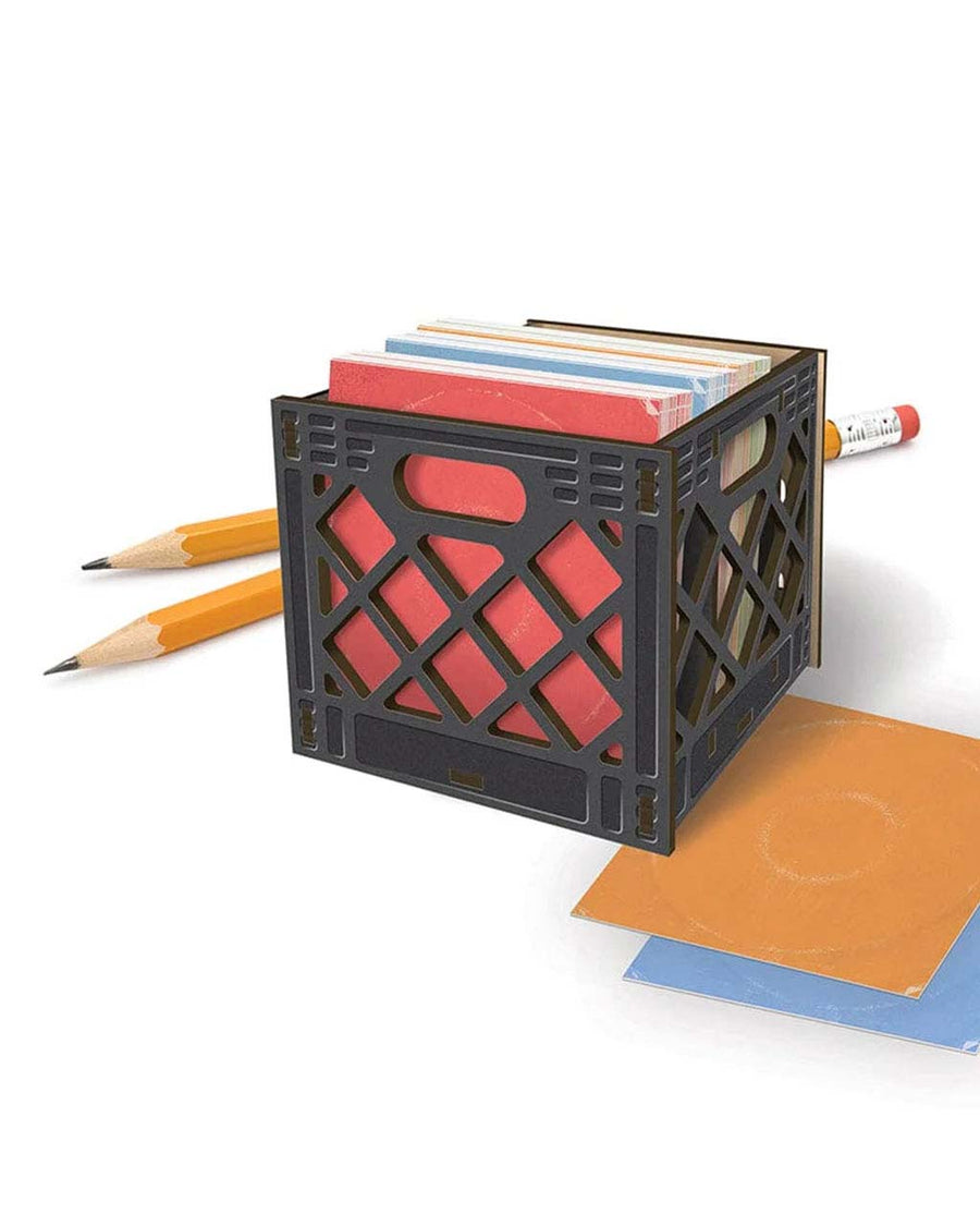 black record crate shaped note card and pencil holder