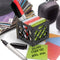 black record crate shaped note card and pencil holder on a desk