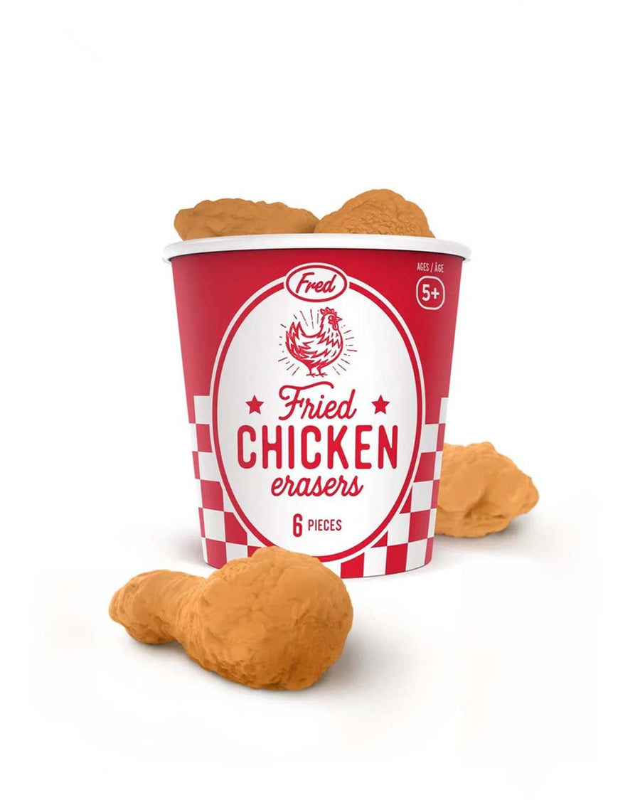 set of 6 fried chicken erasers in a fried chicken container