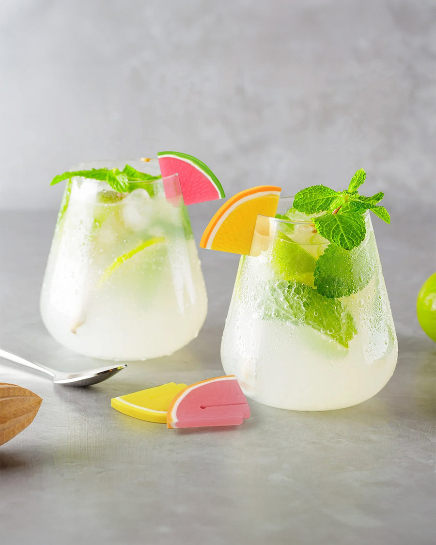 set of 6 fruit slice drink markers on a beverage glass