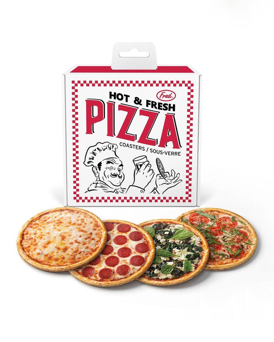 set of 4 pizza printed coasters and box