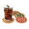 set of 4 pizza printed coasters with a drink on it